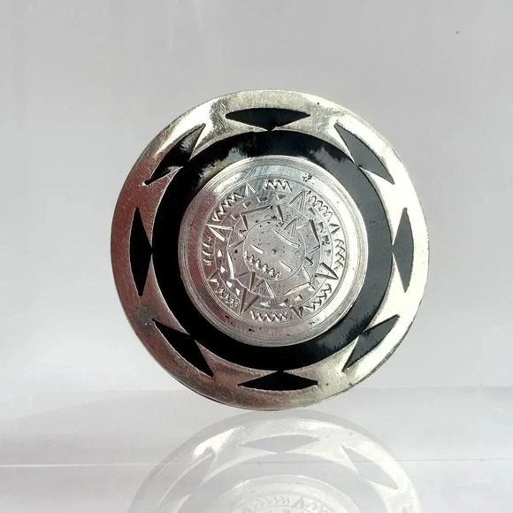 Mexican Made Sterling Silver Round Shaped Black Enamel Pendant Brooch - Picture 1 of 10